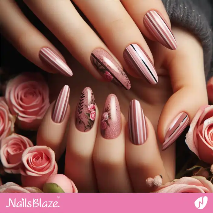 Striped Valentine Nails with Rose Flowers | Valentine Nails - NB2305